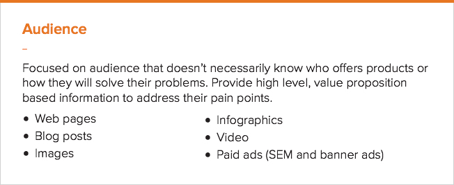 Audience: Focused on audience that doesn't necessarily know who offers products or how they will solve their problems. Provide high level, value proposition based information to address their pain points.