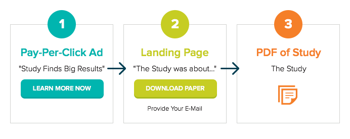 Marketing tactic steps, including Pay-Per-Click Ad, Landing Page, and PDF of Study.