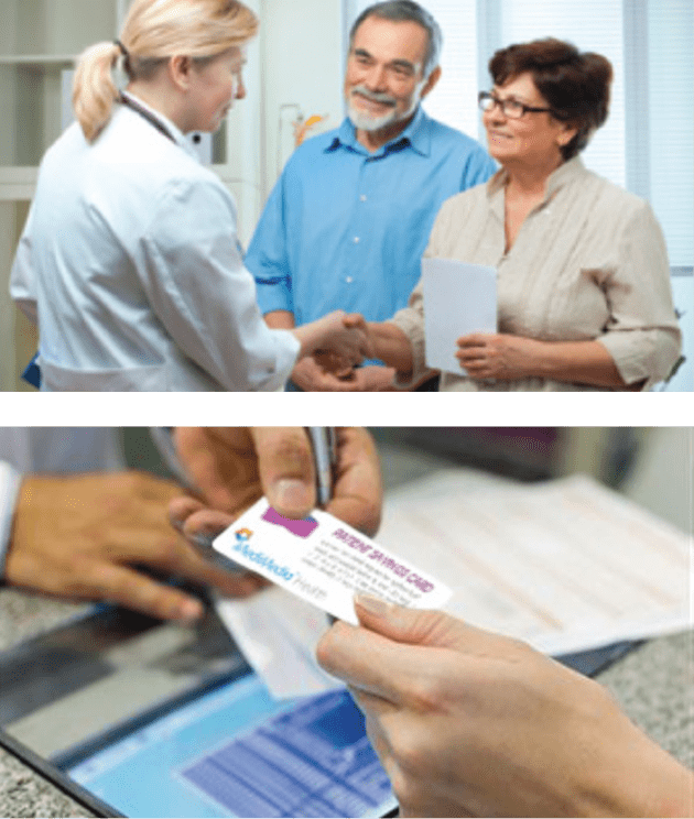 picture collage of doctor greeting patients and Dr. handing patient Medimedia ID card
