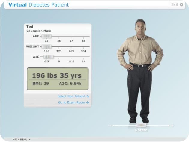 Virtual diabetes patient - man with chart of age, weight, and A1C blood sugar measurement.