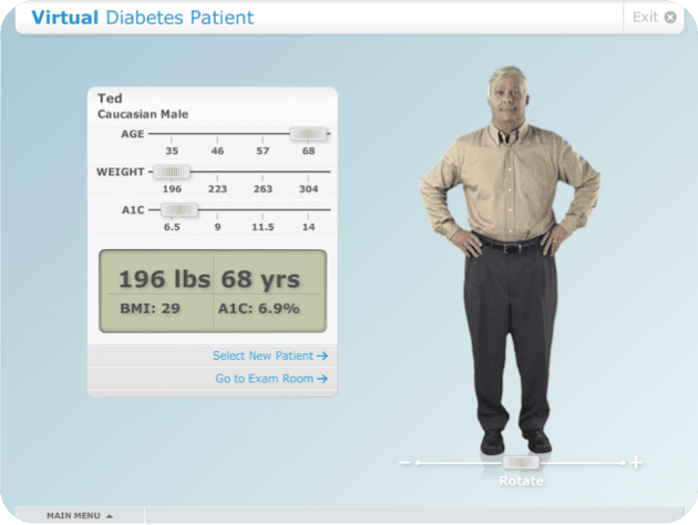 Virtual diabetes patient - overweight man with chart of age, weight, and A1C blood sugar measurement.