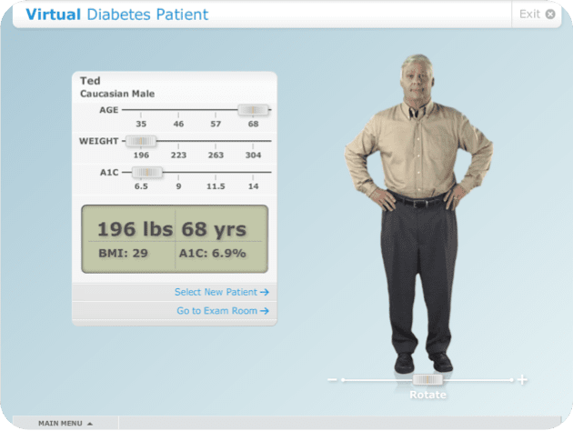 Virtual diabetes patient - overweight man with chart of age, weight, and A1C blood sugar measurement.