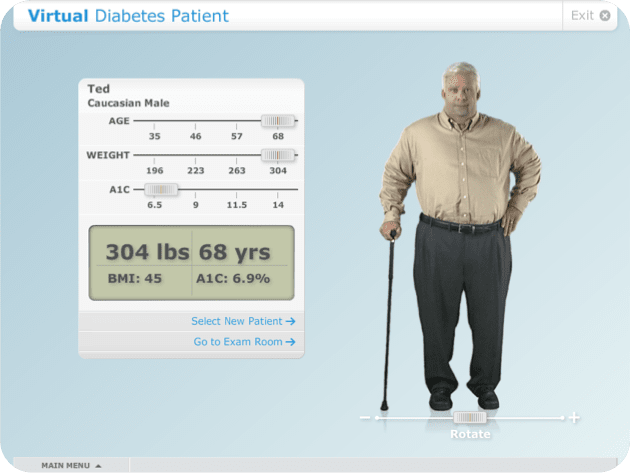 Virtual diabetes patient - obese man with chart of age, weight, and A1C blood sugar measurement.