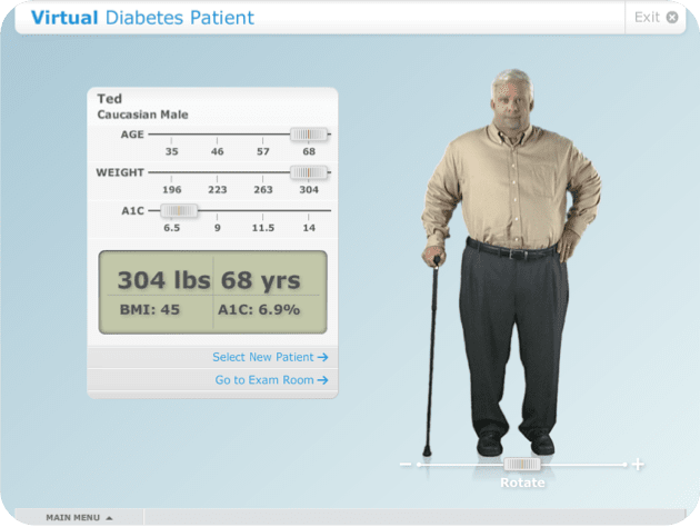 Virtual diabetes patient - obese man with chart of age, weight, and A1C blood sugar measurement.