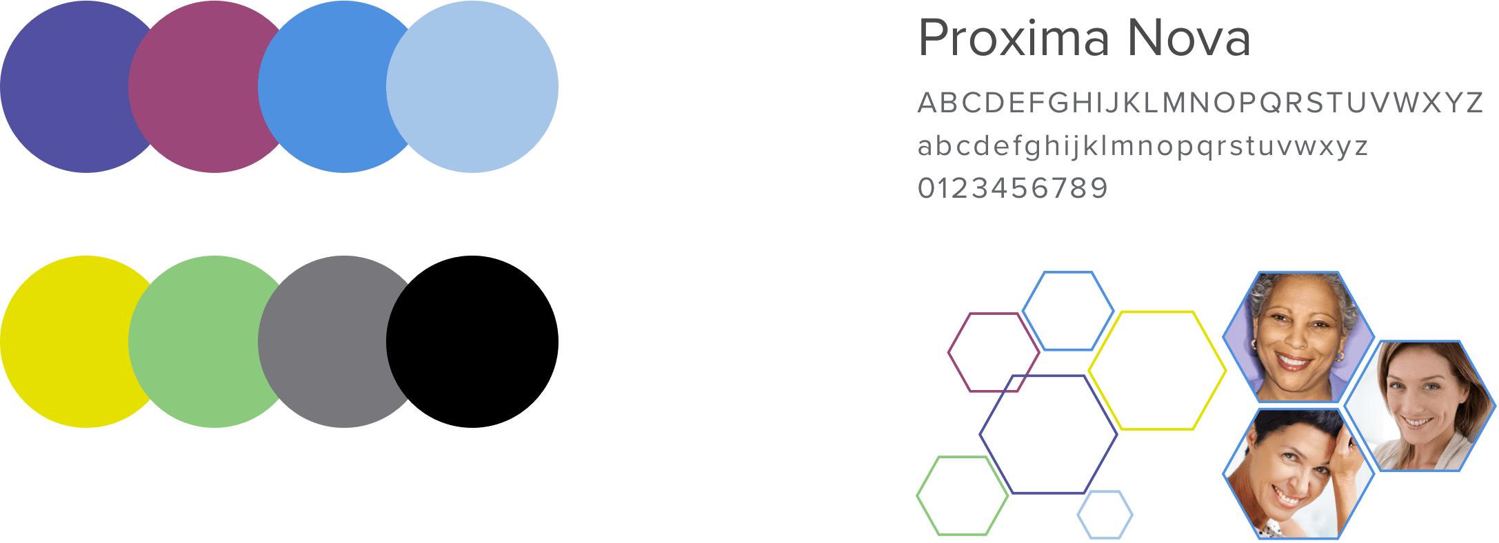 branding screengrab including color palette, typeface. and hexagon abstraction elements