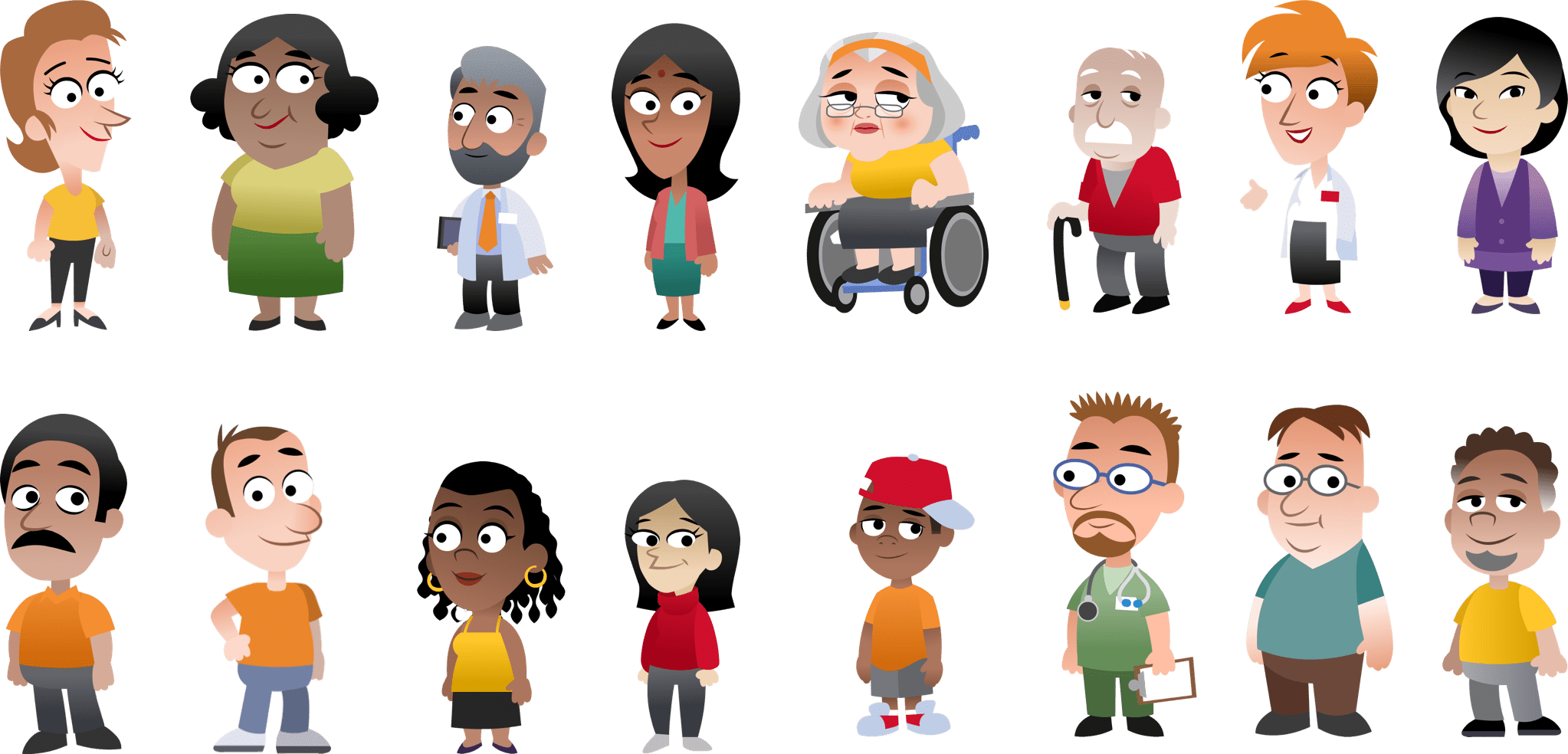 Colorful cartoon characters of different races, ages, styles, and professions.