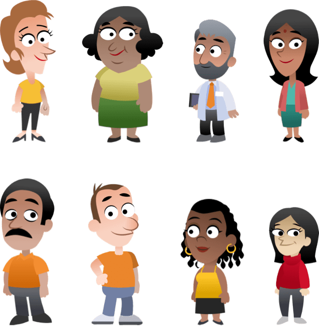 Colorful cartoon characters of different races, ages, styles, and professions.