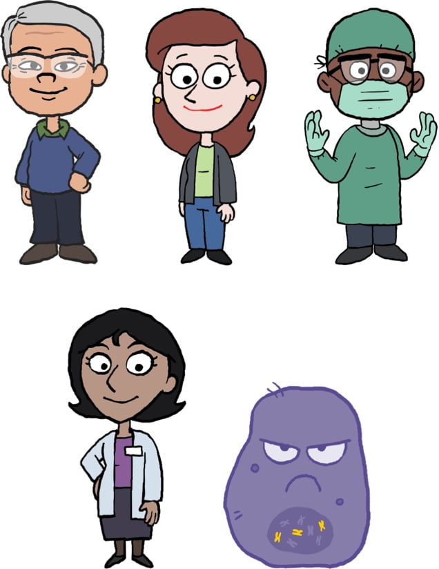 Cartoon characters, including doctor, surgeon, lab specialists, and mean-looking cancer cell.