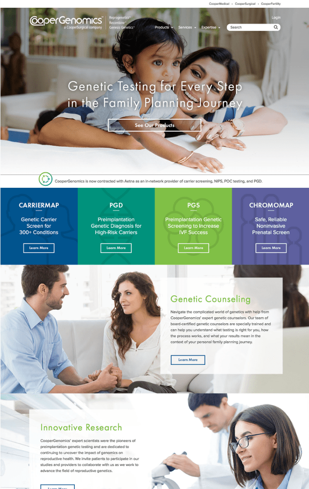 CooperGenomics home page - woman and infant smiling next to each other and links to genetic testing and other products and services.