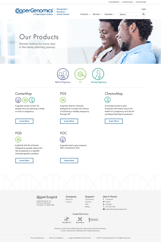 CooperGenomics full screen desktop page for list of different types of products and man and woman smiling next to each other.