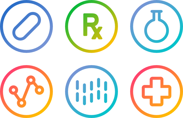 Healthcare icons - pill, Rx, vial, molecule, pills, and plus sign.