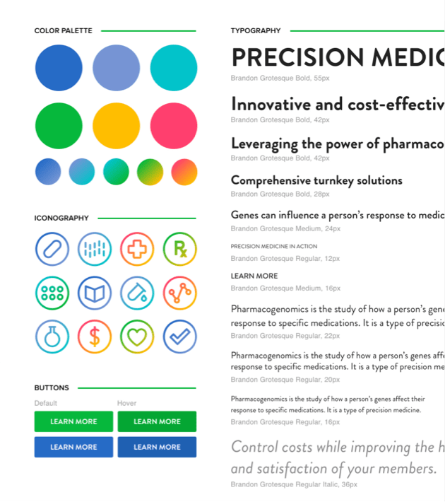 Coriell Life Sciences mood board, which includes a color palette of swatches, iconography, buttons and typography.