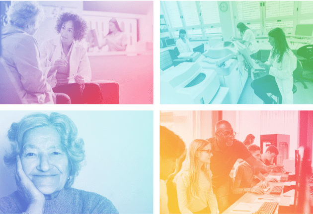 Color gradient images of healthcare and lab employees, older woman smiling, and people working and looking at computers.