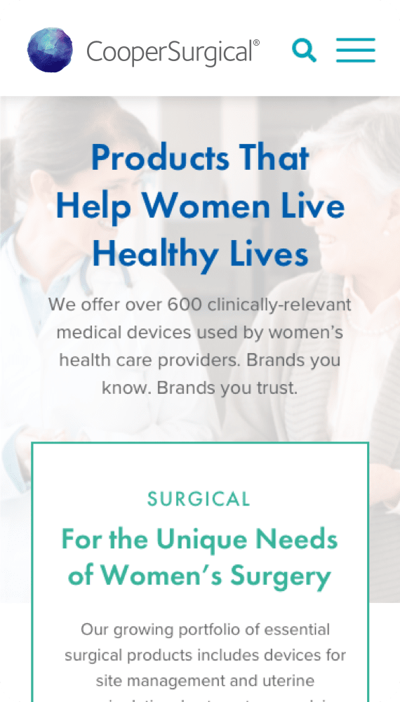 CooperSurgical Medical Devices Mobile homepage - Products That Help Women Live Healthy Lives, slogan.