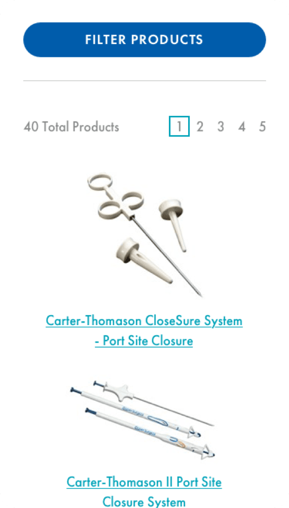 CooperSurgical Medical Devices Mobile webpage list of filtered products and corresponding thumbnail images for each product.
