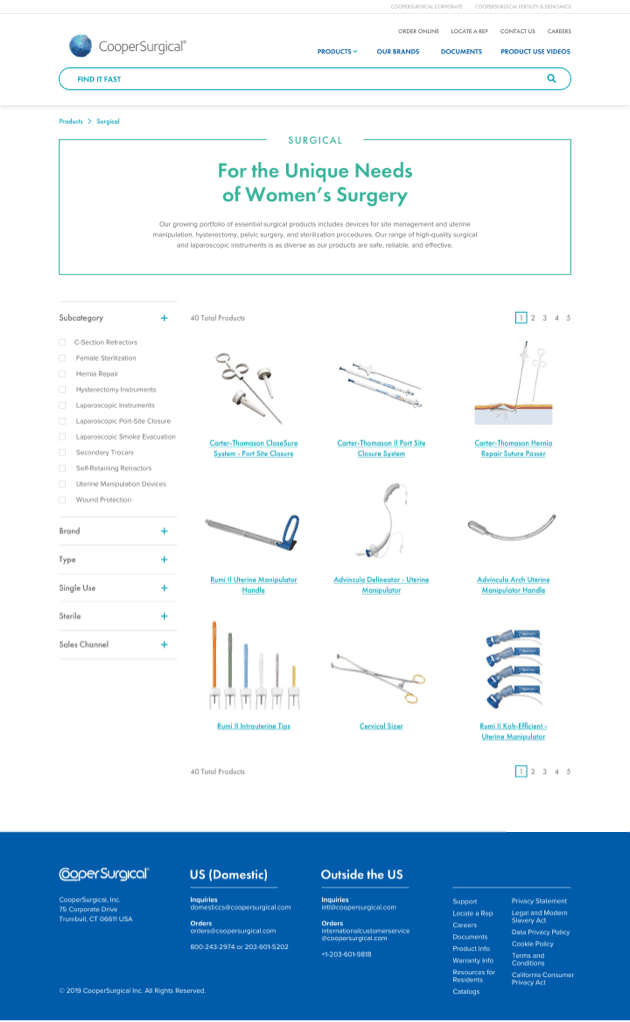CooperSurgical Medical Devices webpage with sorted surgical products for women's healthcare needs.