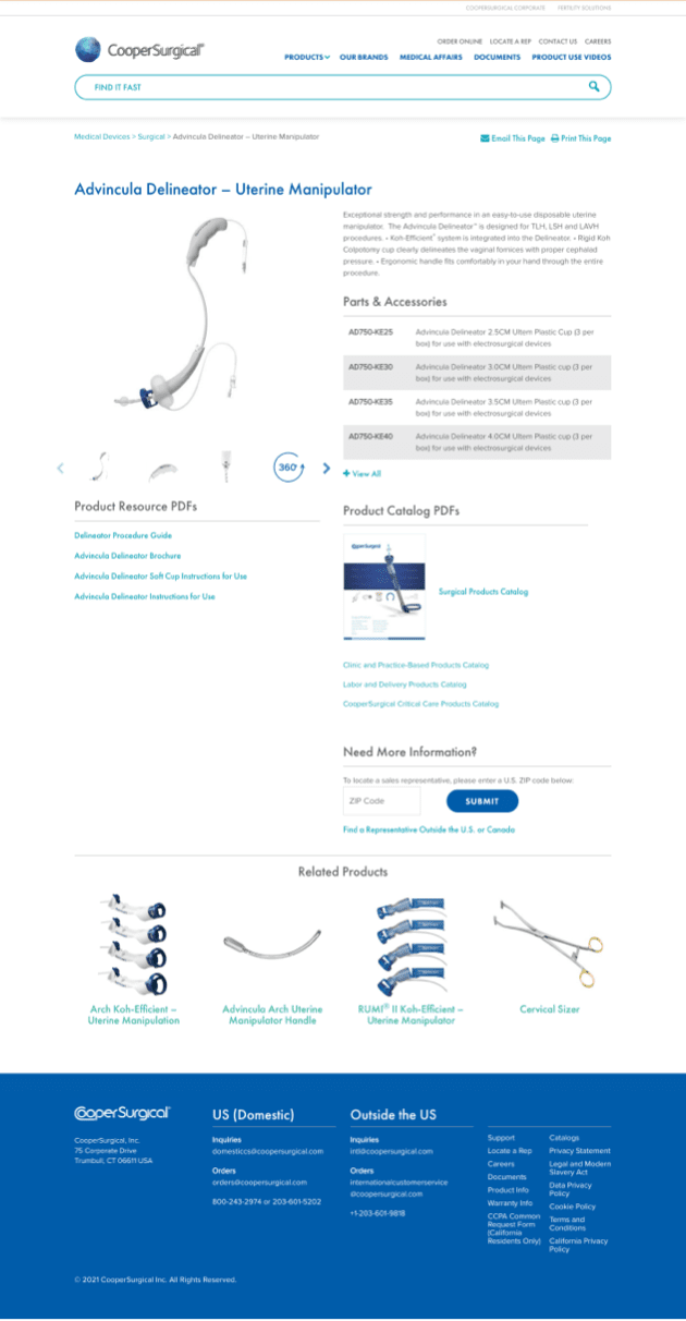 CooperSurgical Medical Devices webpage for Advincula Delineator product, pictures of device, list of product variations and description.