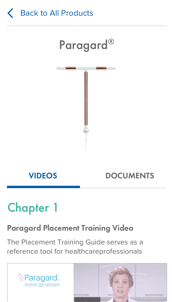 Progressive Web App page for Paragard Copper IUD product and links to videos and documents.