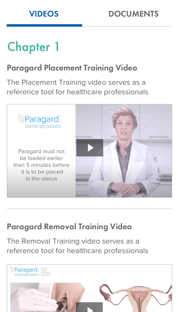 Progressive Web App page with tabs for videos and documents, including Chapter 1 Paragard Placement Training Video.