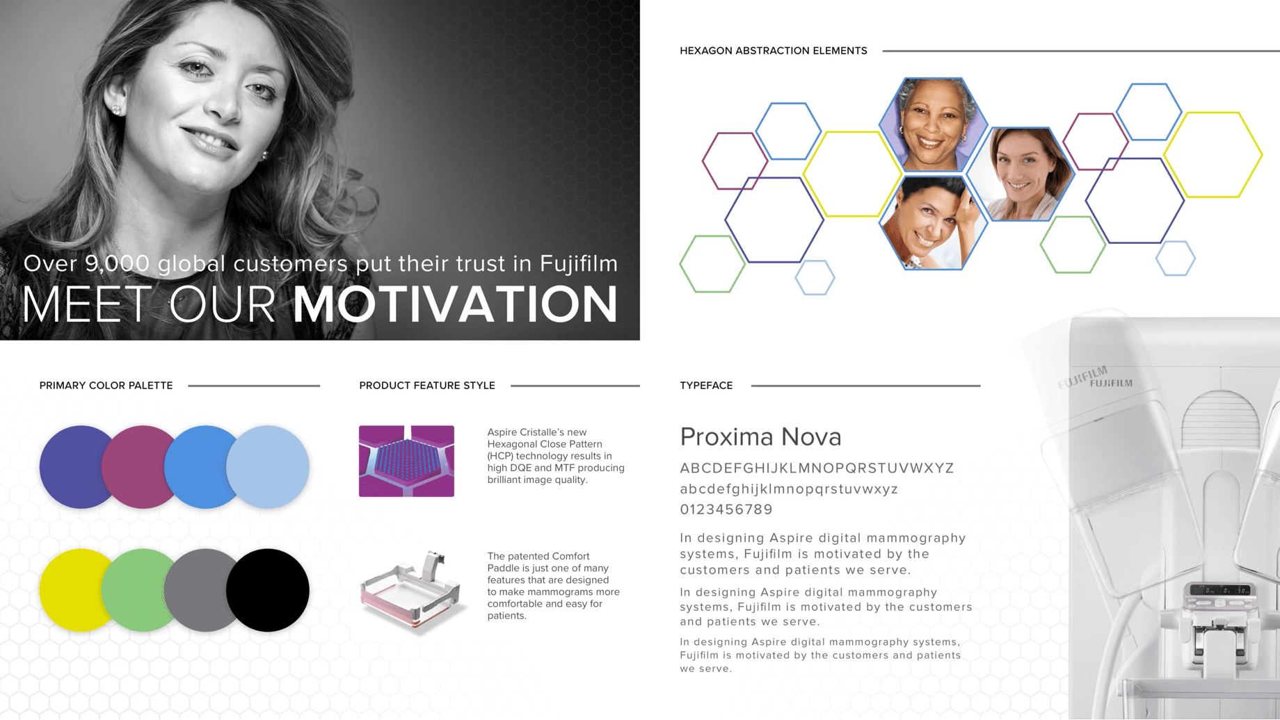 Fujifilm Aspire Cristalle branding screengrab including color palette and product feature style