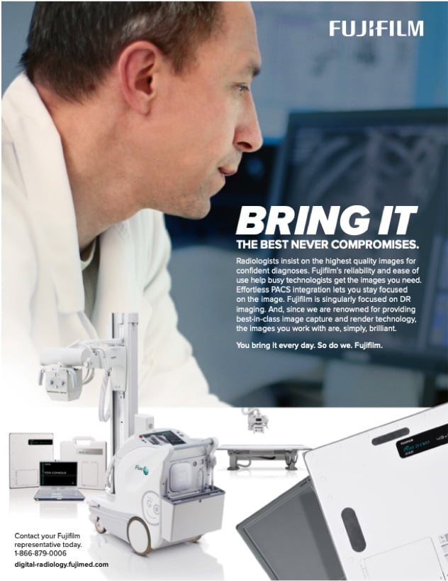 Male doctor looking at the Fujifilm PACS/DR imaging equipment ; alongside text describing best-in-class image capture and render technology