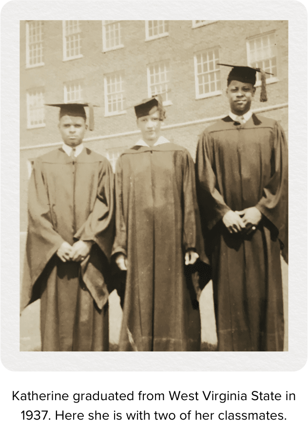 Katherine Johnson at her college graduation as West Virginia University in between her two classmates