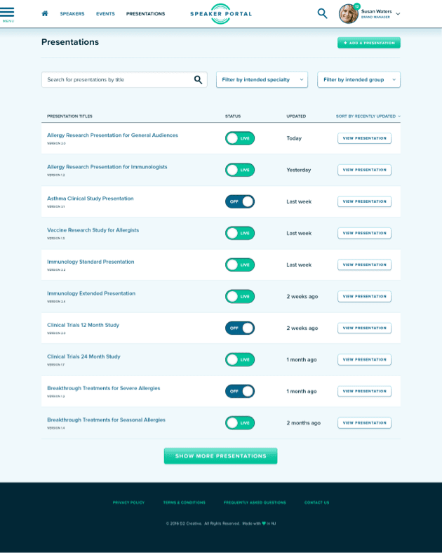 Speaker portal presentations webpage