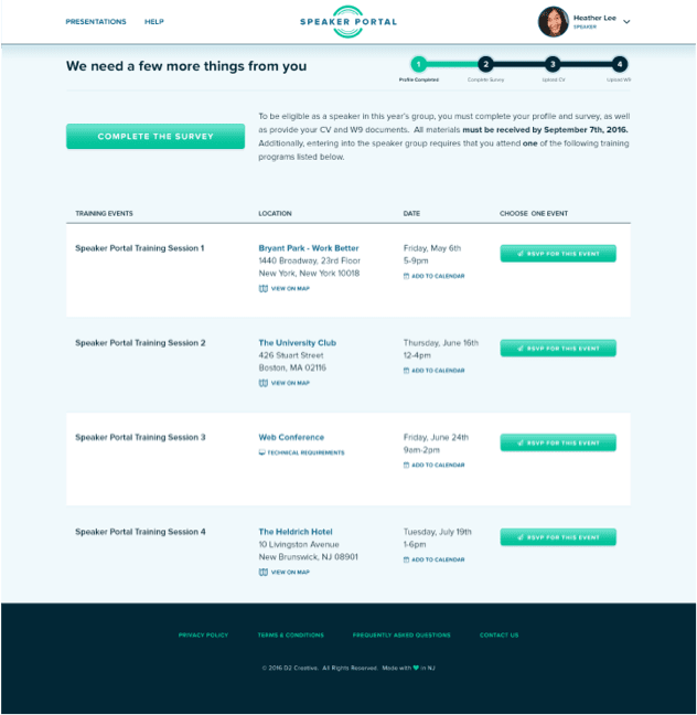 Speaker portal training events webpage