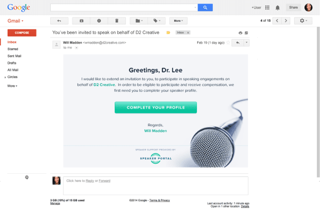 Gmail inbox message of speaker portal invite
