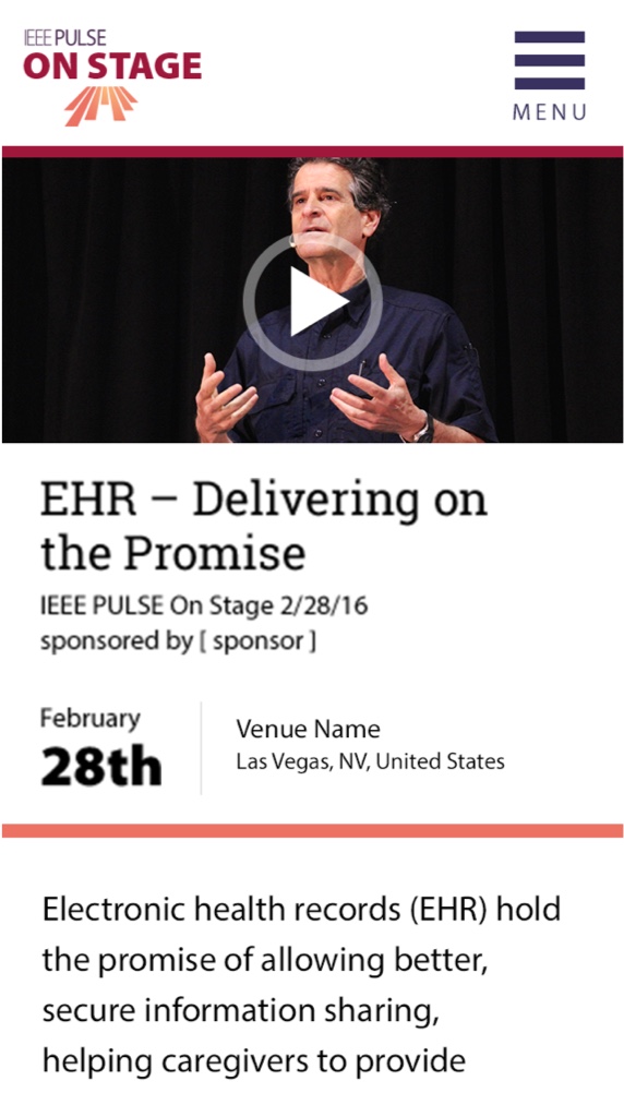 IEEE Pulse On Stage Mobile page with event details, description, and video.