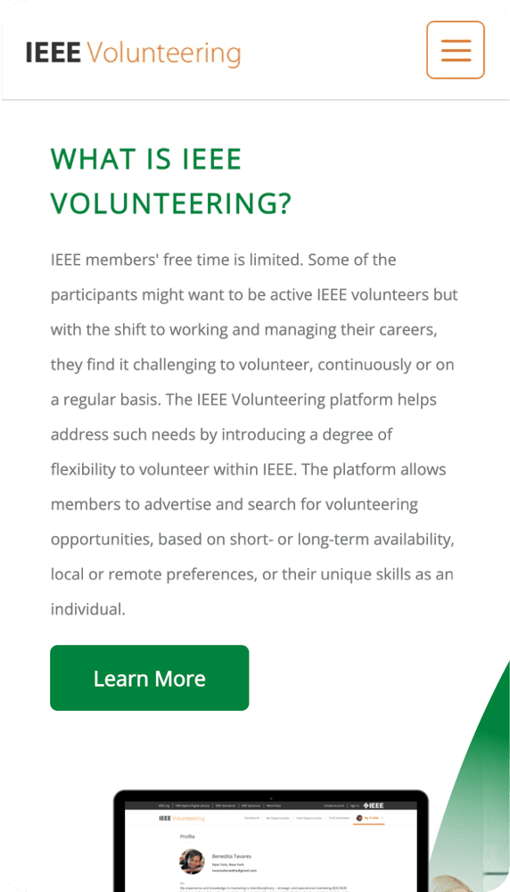 What is volunteering? description for IEEE Young Professionals with learn more call to action