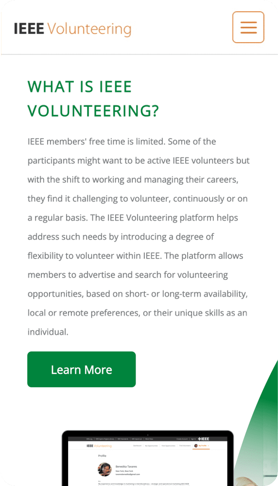 What is volunteering? description for IEEE Young Professionals with learn more call to action