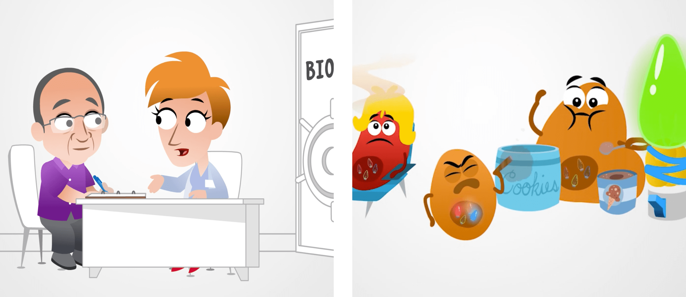 Cartoon characters of doctor and patient meeting at desk.