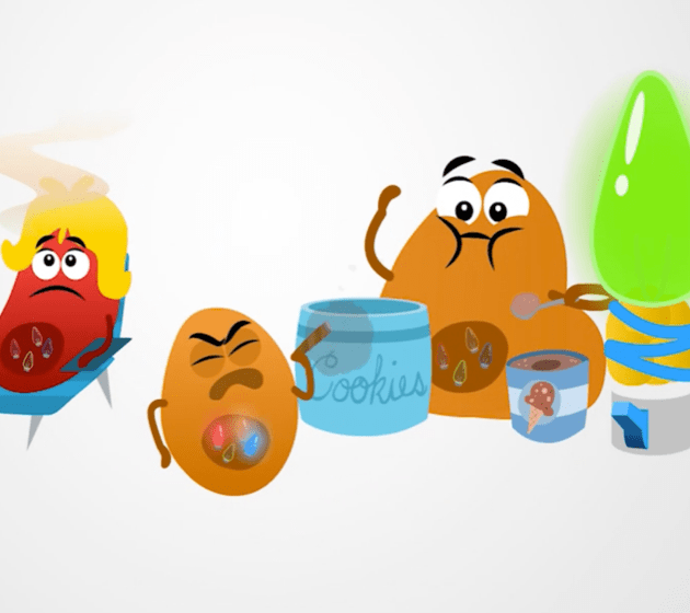 Cartoon cancer cell characters feeding off of junk food.