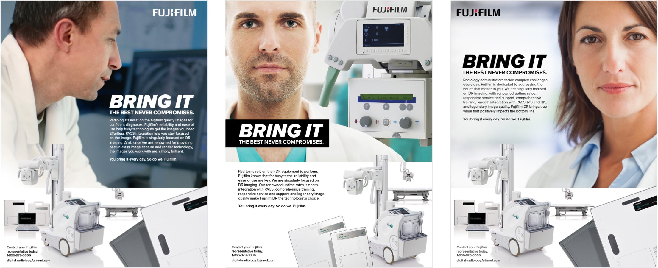 Female doctor pictured alongside text regarding the value of Fujifilm DR