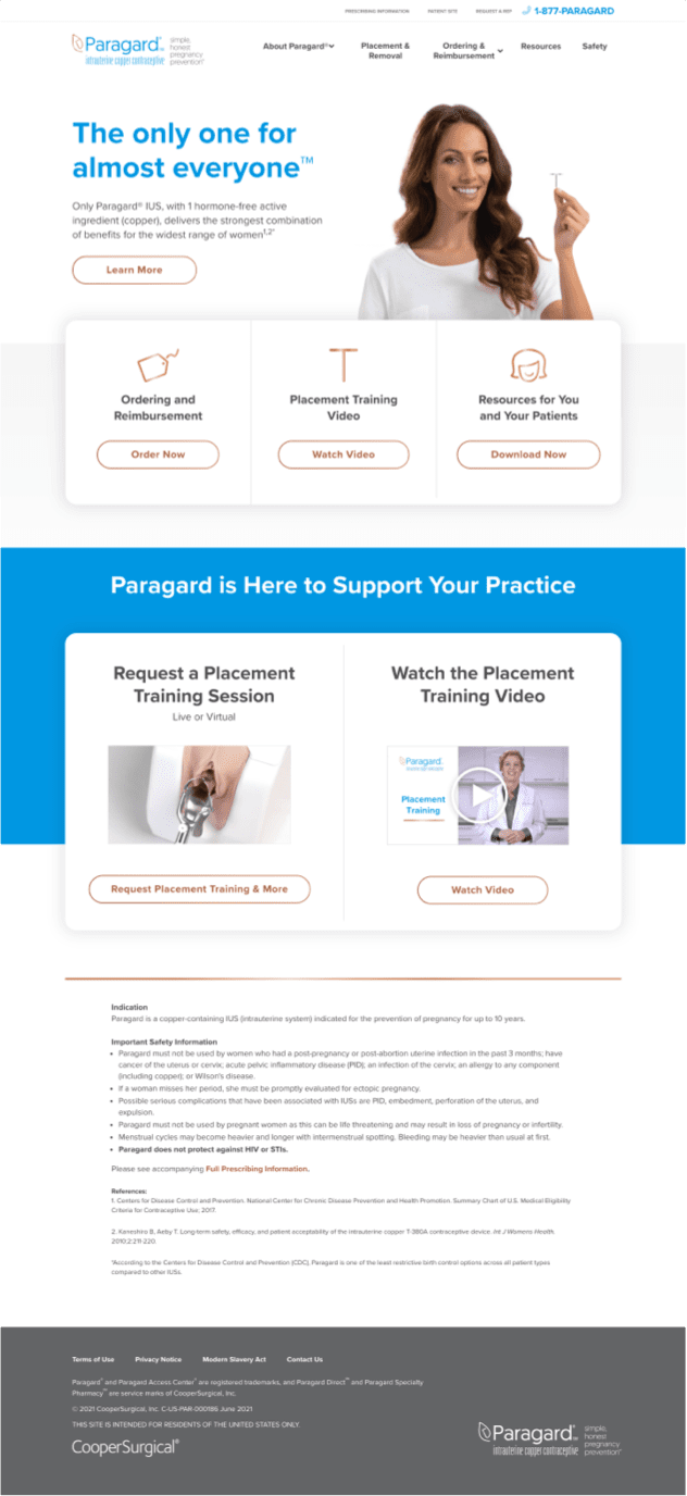 Front page of Paragard website for healthcare providers - brown-haired woman holding up Paragard copper IUD.