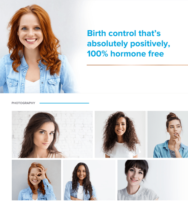 Paragard IUD - photos of various women smiling next to slogan: Birth control that's absolutely, positively, 100% hormone free.