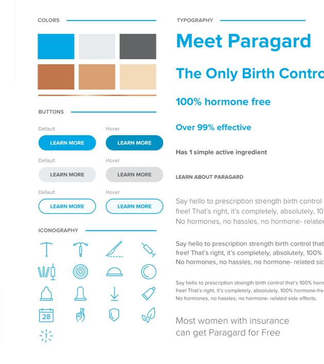 Moodboard created by D2 Creative for Paragard, which shows colors, buttons, iconography and typography that will go unto the website.