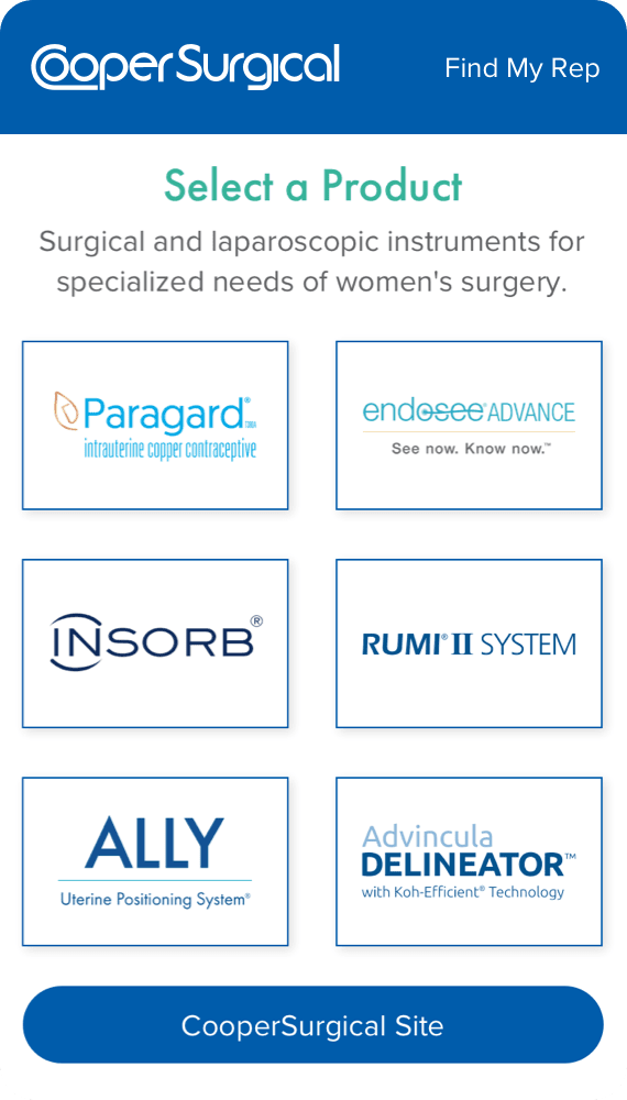 CooperSurgical Progressive Web App Mobile webpage for product selection, including Paragard, Endosee Advance, Insorb, etc.