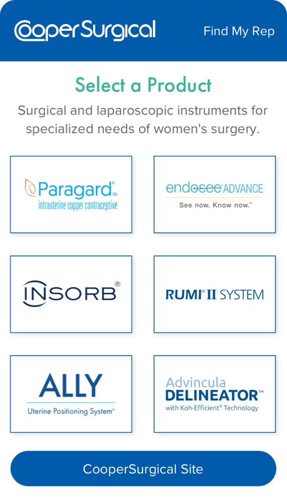 CooperSurgical Progressive Web App Mobile webpage for product selection, including Paragard, Endosee Advance, Insorb, etc.