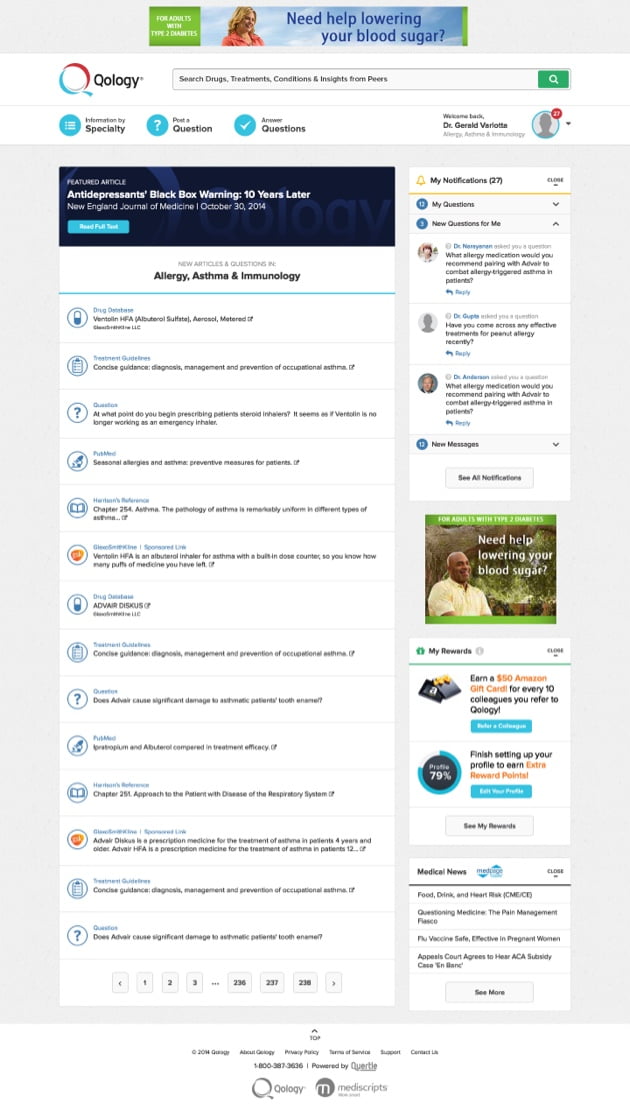 Qology desktop web page with posts for Allergy, Asthma & Immunology and ads on page.