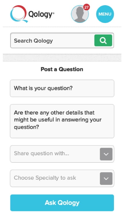 Qology Mobile webpage with search function, menu button, and fields to post questions to Qology.