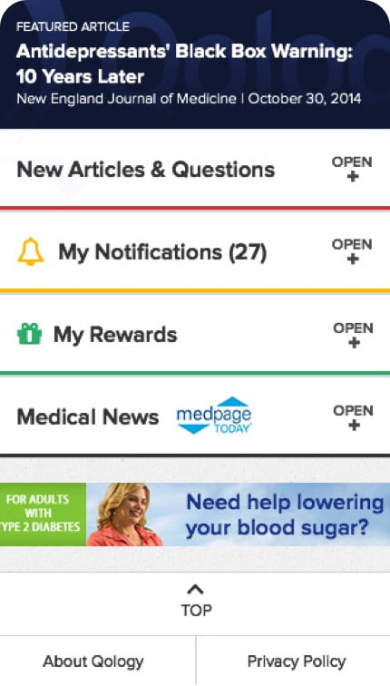 Mobile webpage for Qology, with featured article at top and other tabs for news articles, notifications, rewards, and medical news.