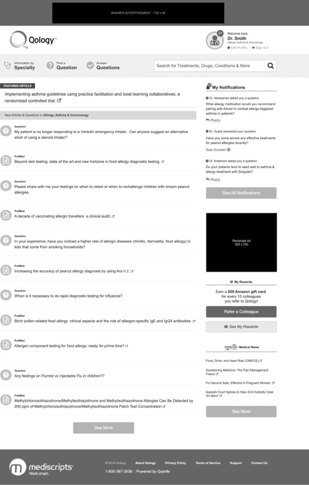 Qology wireframe webpage, black and white.