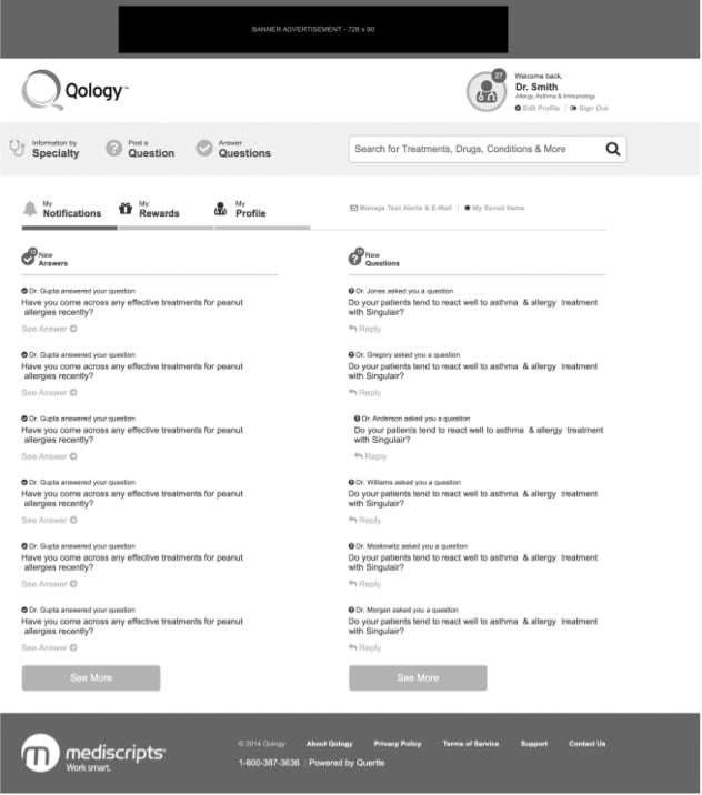 Qology web page with notifications, rewards, profile, etc. black and white.