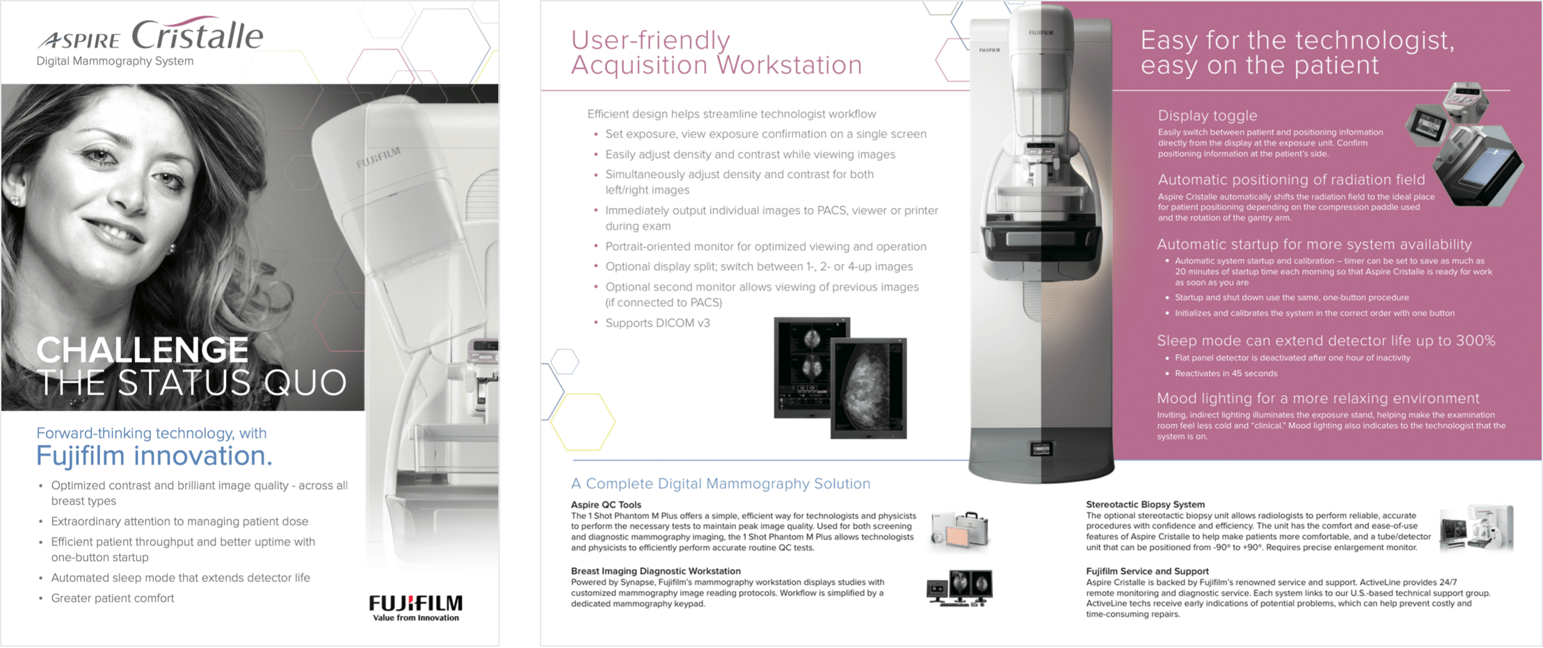 2 stacked images of 2 screengrabs of Fujifilm Aspire Cristalle - bullet points and design details on digital mammography system