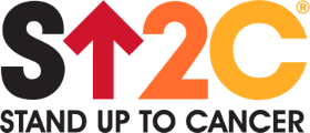 Stand Up 2 Cancer logo, black, red, orange, and yellow colored.