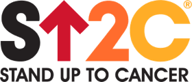 Stand Up 2 Cancer logo, black, red, orange, and yellow colored.