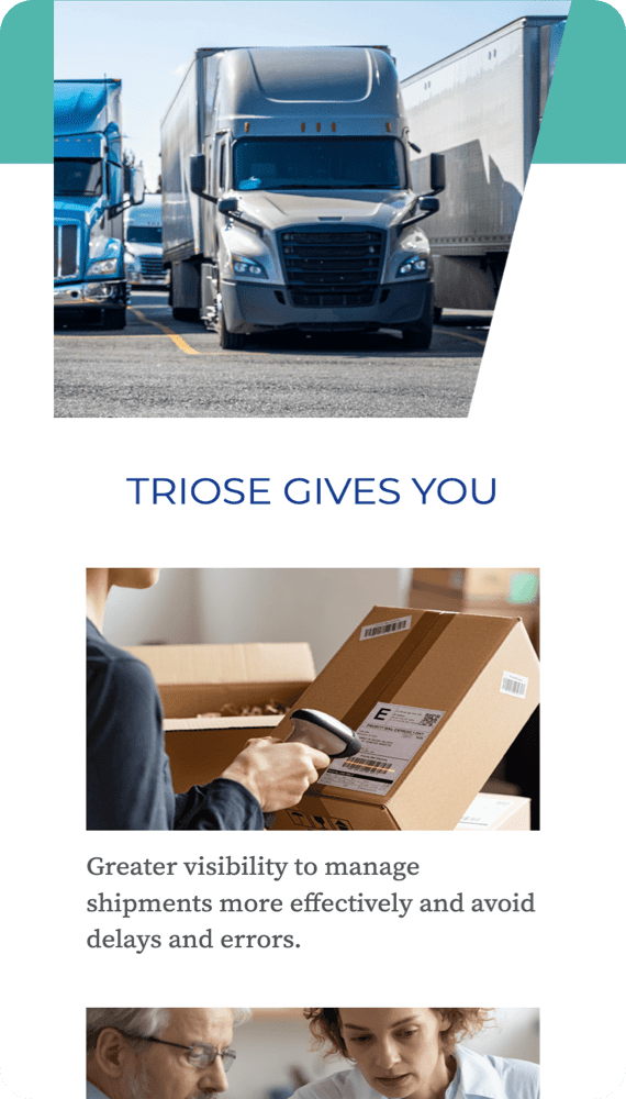 TRIOSE Marketing Mobile web page with semi-truck and person scanning cardboard box.