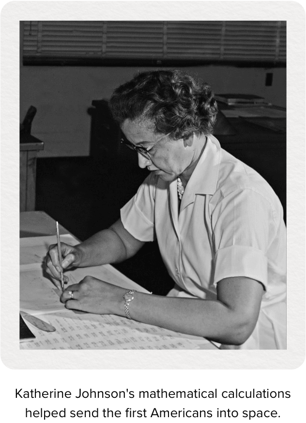 Young Katherine Johnson studying mathematical calculations which helped send the first Americans into space